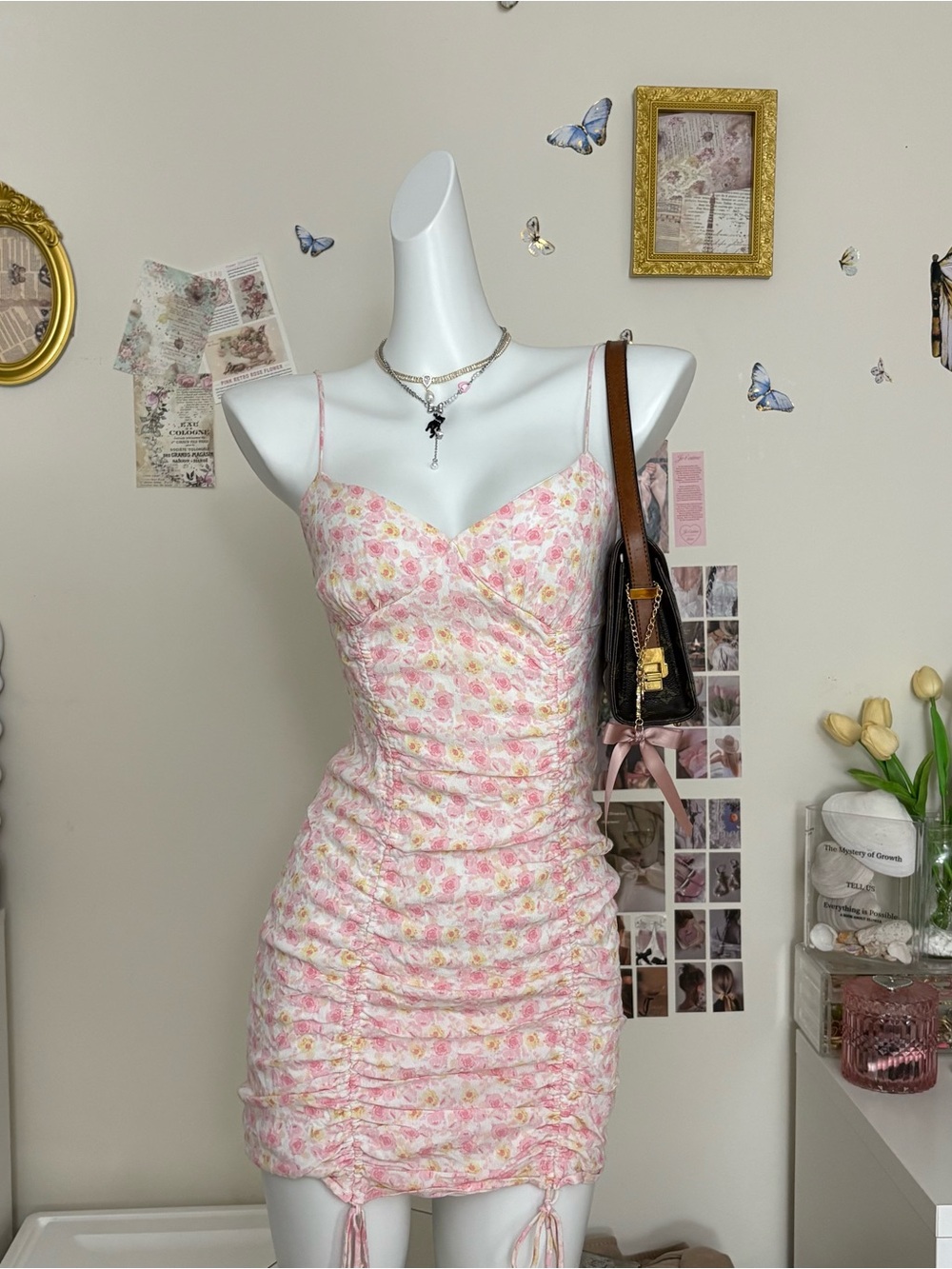 Cotton Candy Pink & Yellow Floral Ruched Spaghetti-Strap Mini Dress